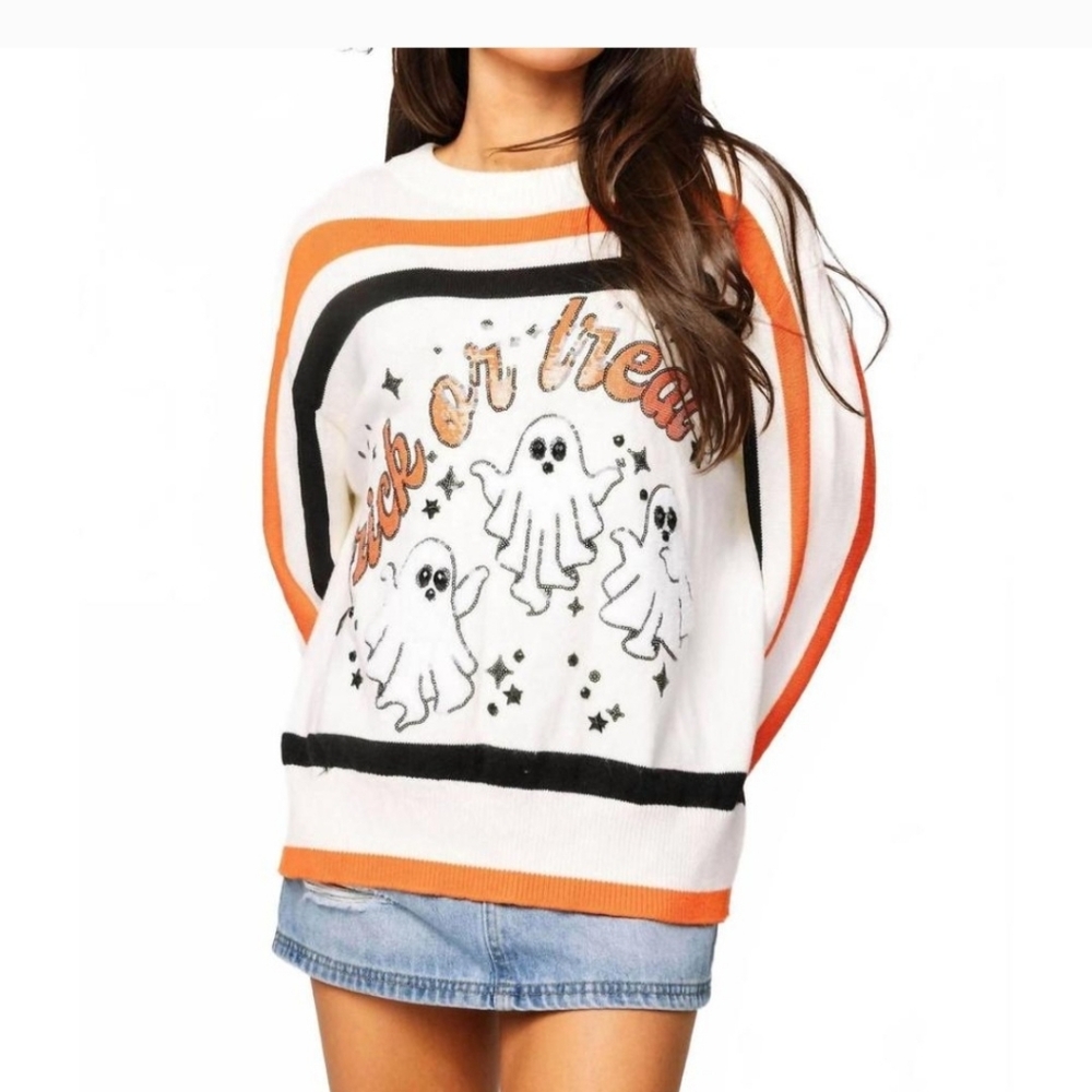 Stylish White and Orange Striped Sweater Celebrate spooky season in style with t